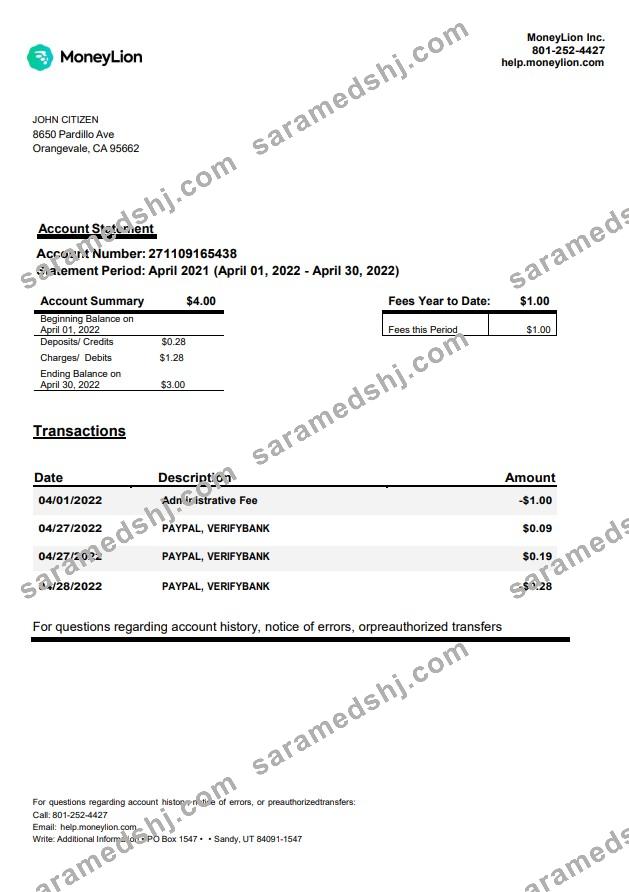 USA California MoneyLion bank statement